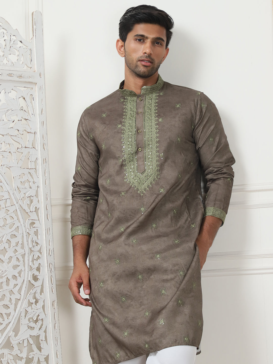 Brown Embroidered Mens Kurta | Stylish Indian Kurta for Men