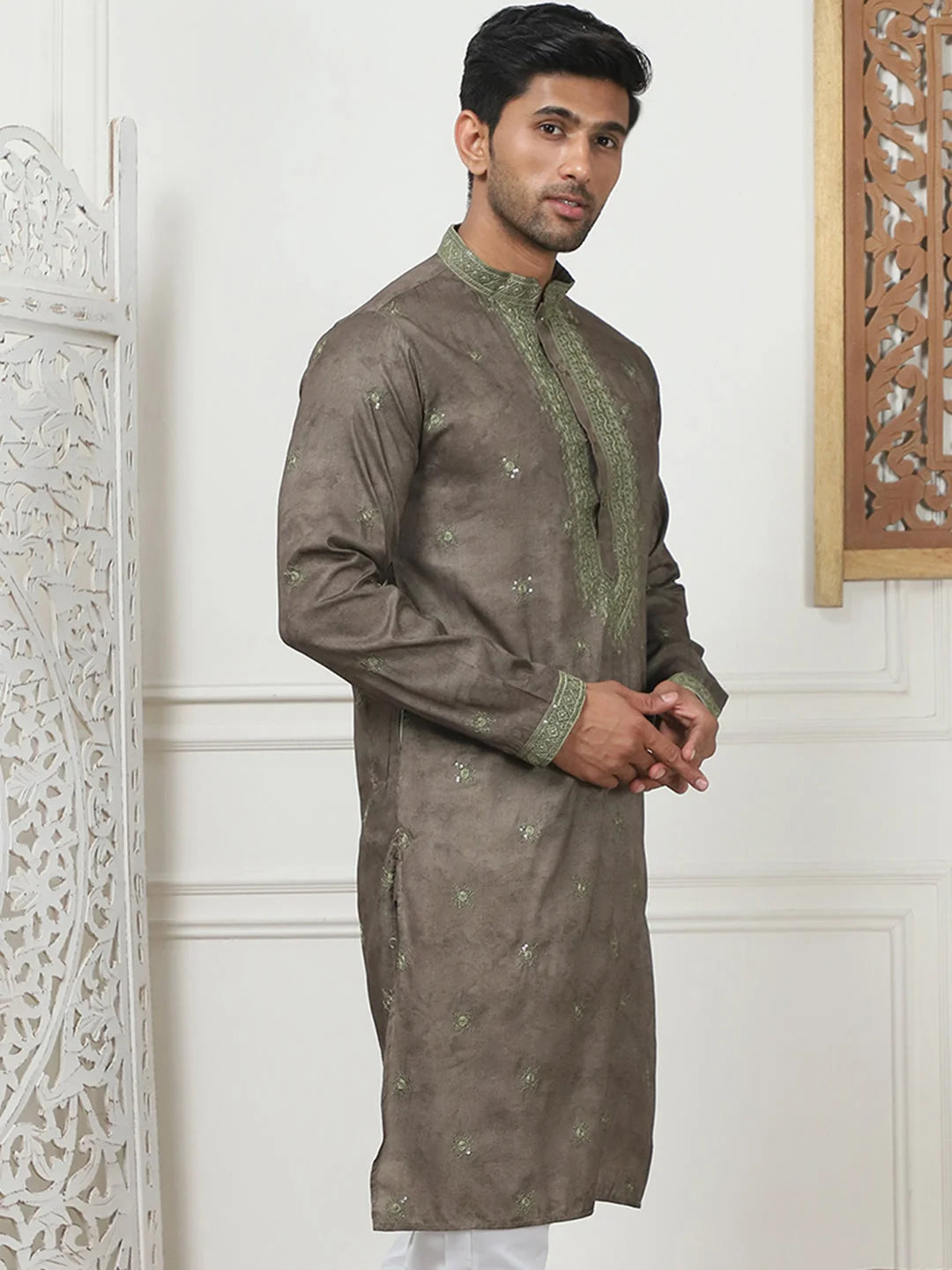 Brown Embroidered Mens Kurta | Stylish Indian Kurta for Men