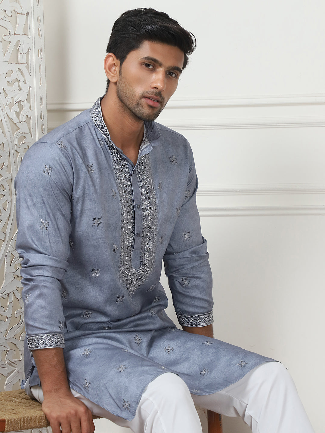 Grey Embroidered Mens Kurta | Cotton Blend Indian Kurta for Men