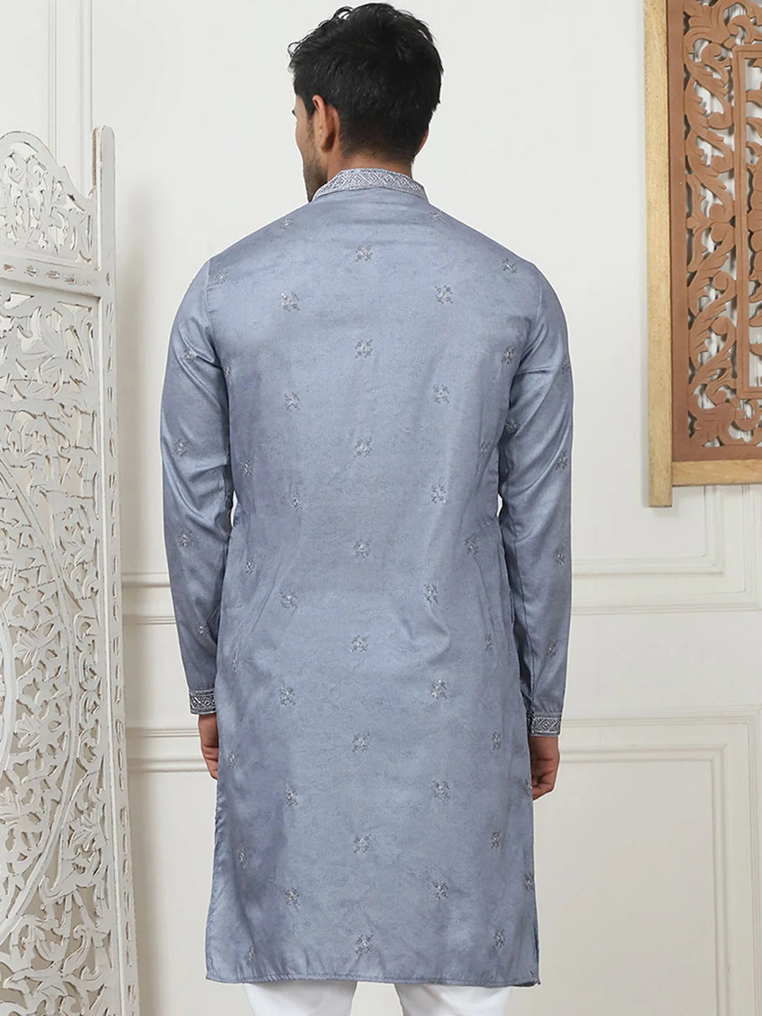 Grey Embroidered Mens Kurta | Cotton Blend Indian Kurta for Men