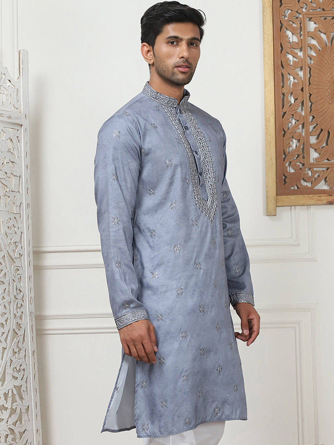 Grey Embroidered Mens Kurta | Cotton Blend Indian Kurta for Men