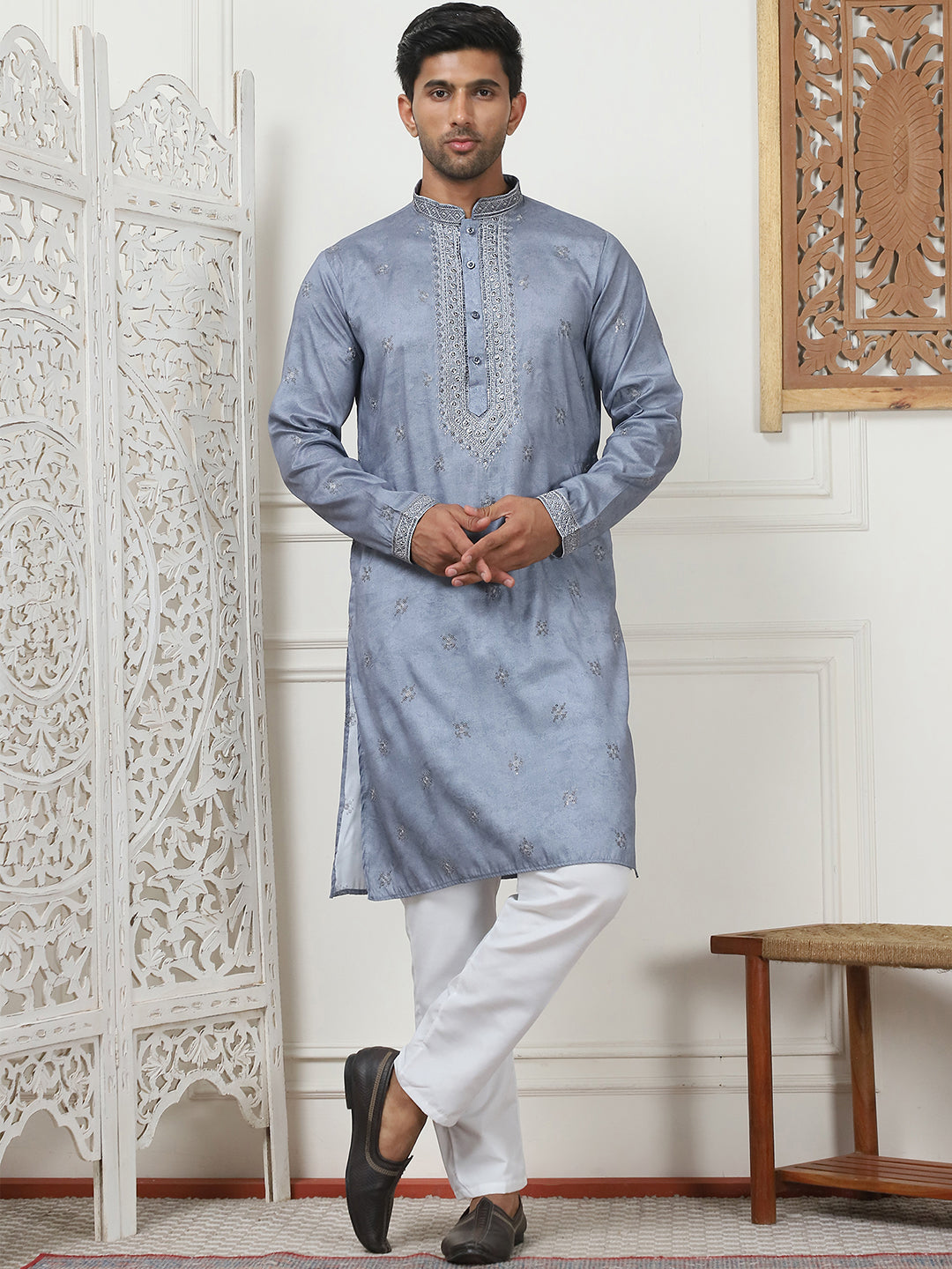 Grey Embroidered Mens Kurta | Cotton Blend Indian Kurta for Men