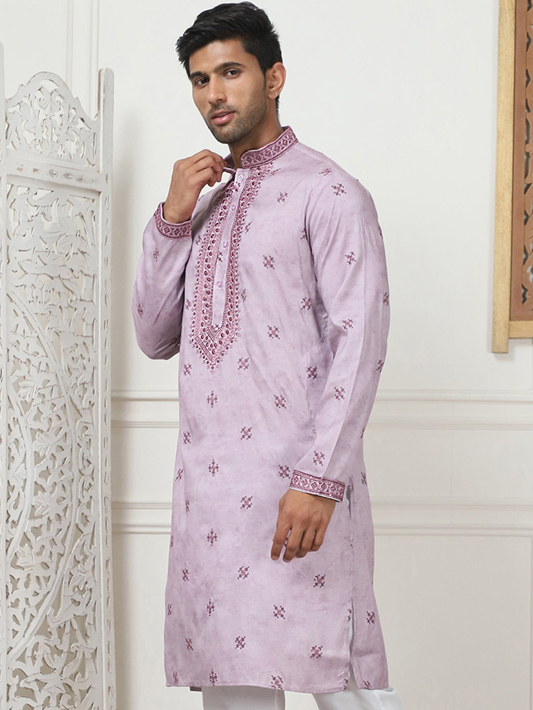 Purple Embroidered Indian Kurta for Men | Cotton Mens Kurta