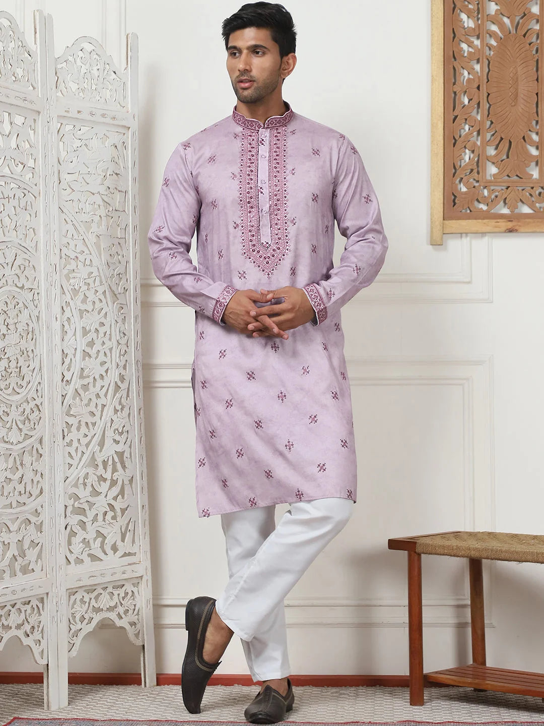 Purple Embroidered Indian Kurta for Men | Cotton Mens Kurta