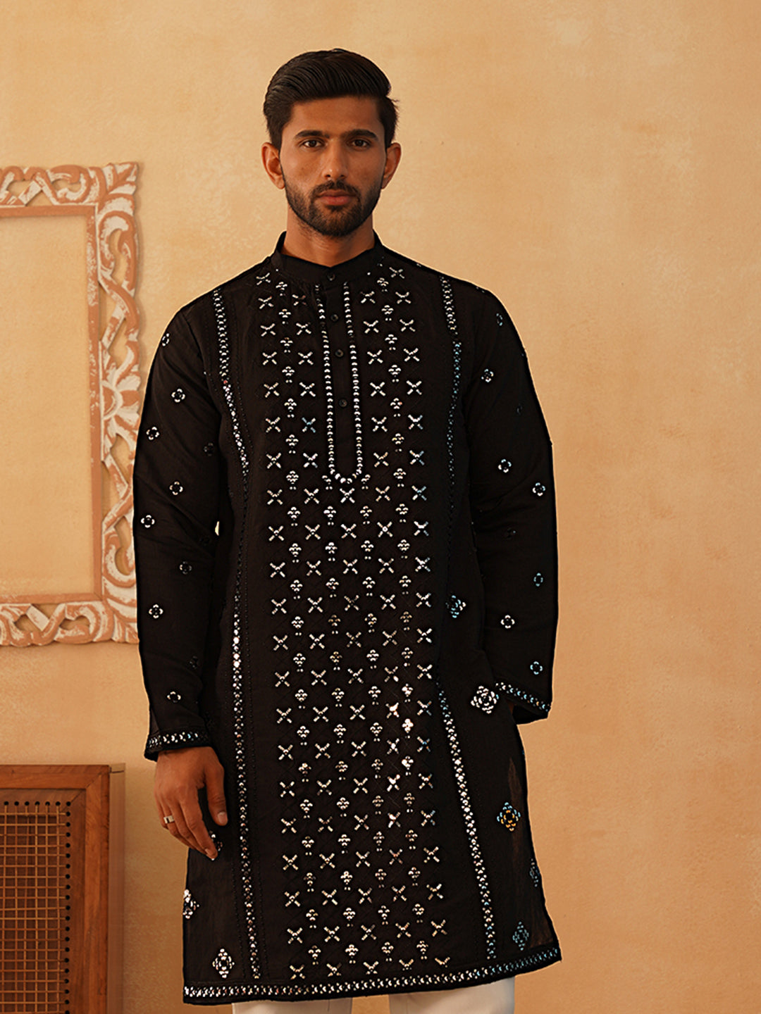 Stylish Black Embroidered Mens Kurta - Indian Kurta for Men