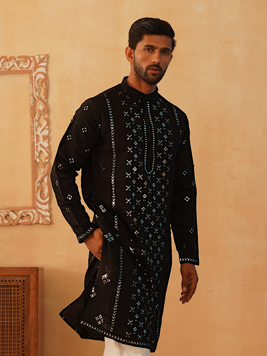 Stylish Black Embroidered Mens Kurta - Indian Kurta for Men