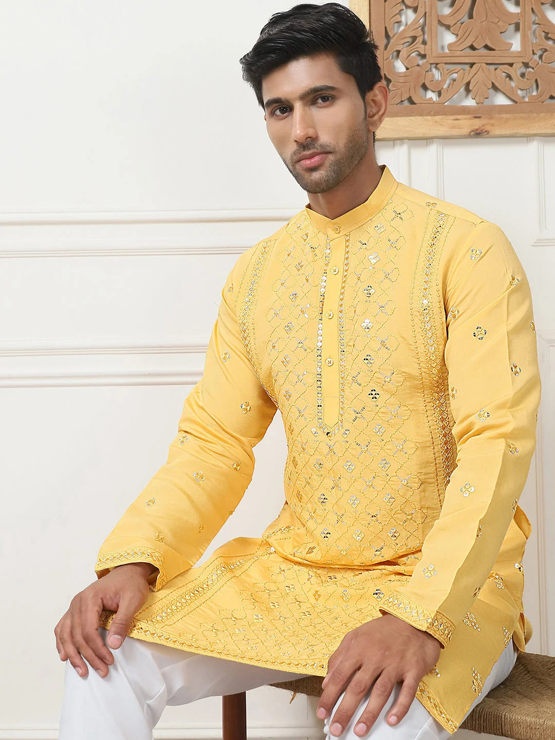 Mustard Embroidered Cotton Blend Indian Kurta for Men