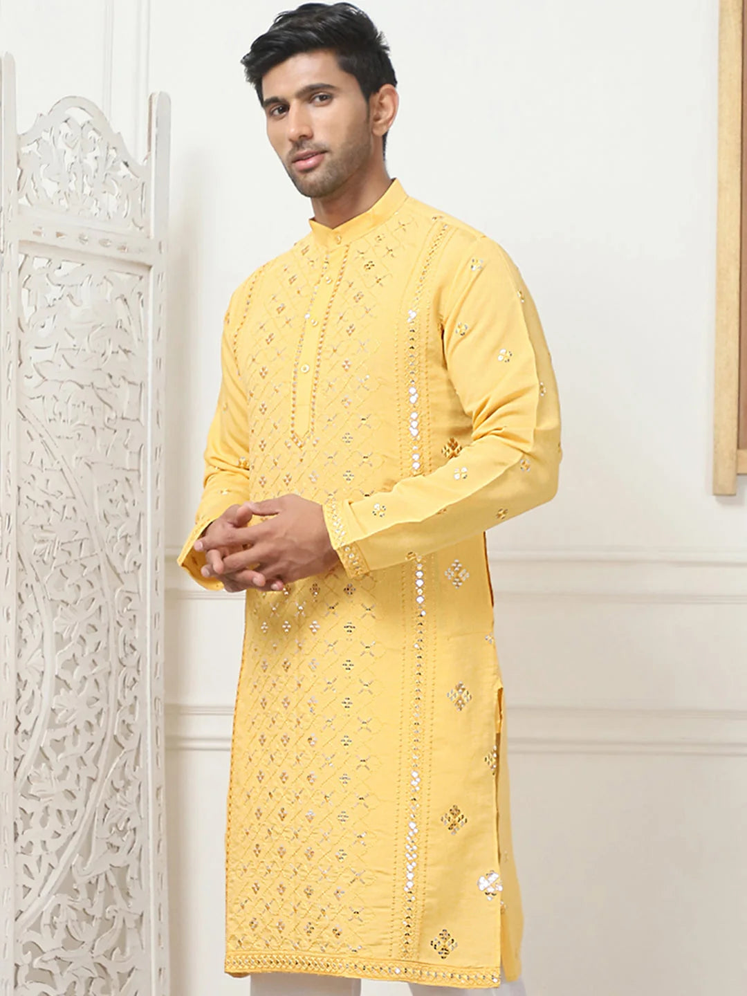 Mustard Embroidered Cotton Blend Indian Kurta for Men