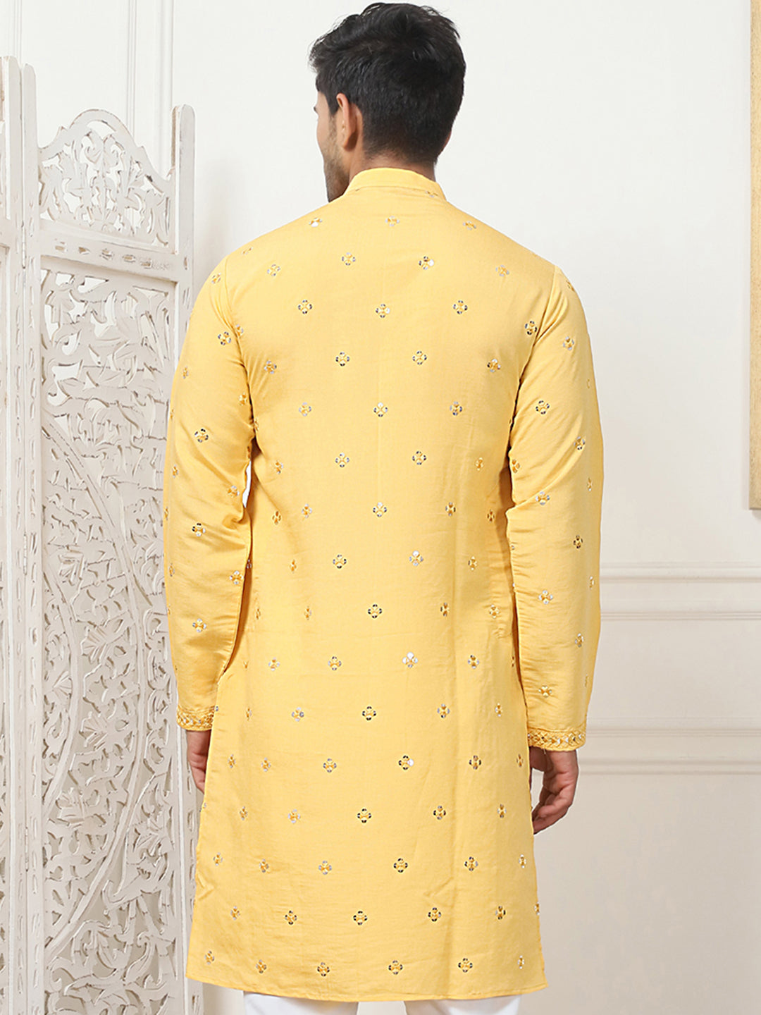 Mustard Embroidered Cotton Blend Indian Kurta for Men