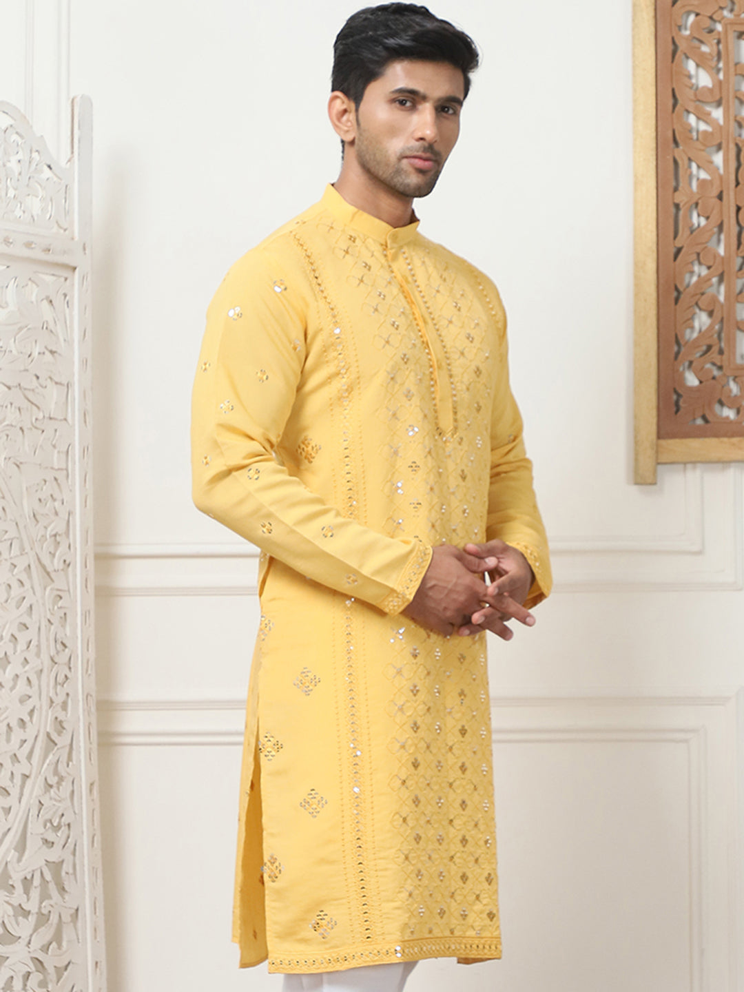 Mustard Embroidered Cotton Blend Indian Kurta for Men
