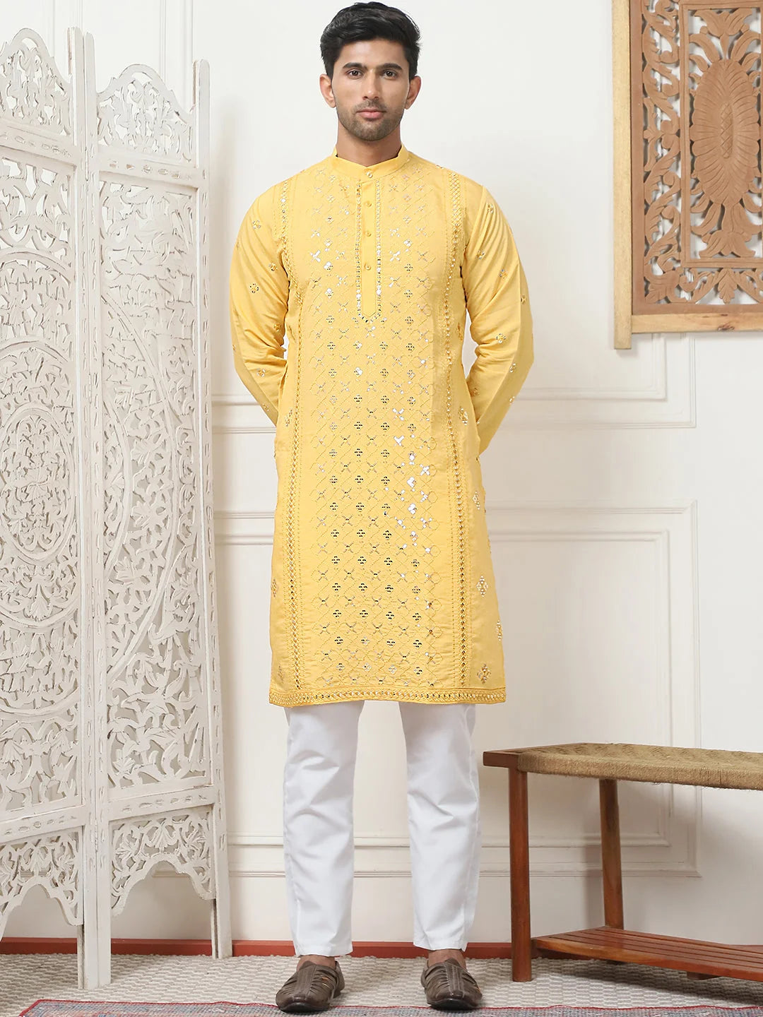 Mustard Embroidered Cotton Blend Indian Kurta for Men