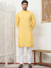 Embroidered & Sequin Cotton Blend Kurtas-KO-5085Mustard