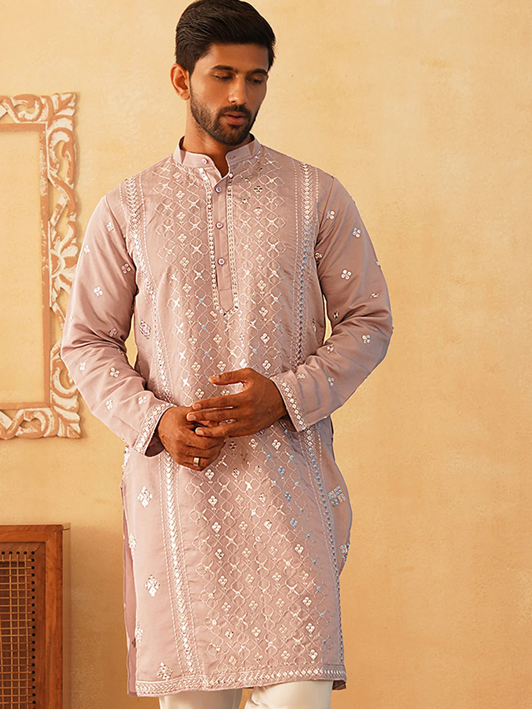 Peach Embroidered Mens Kurta | Cotton Blend Indian Kurta for Men