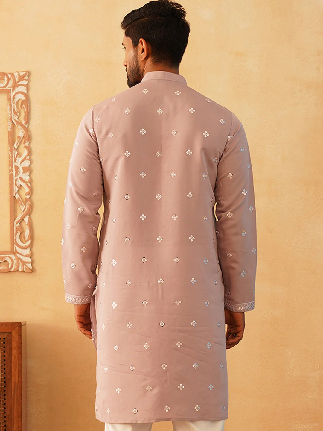 Peach Embroidered Mens Kurta | Cotton Blend Indian Kurta for Men