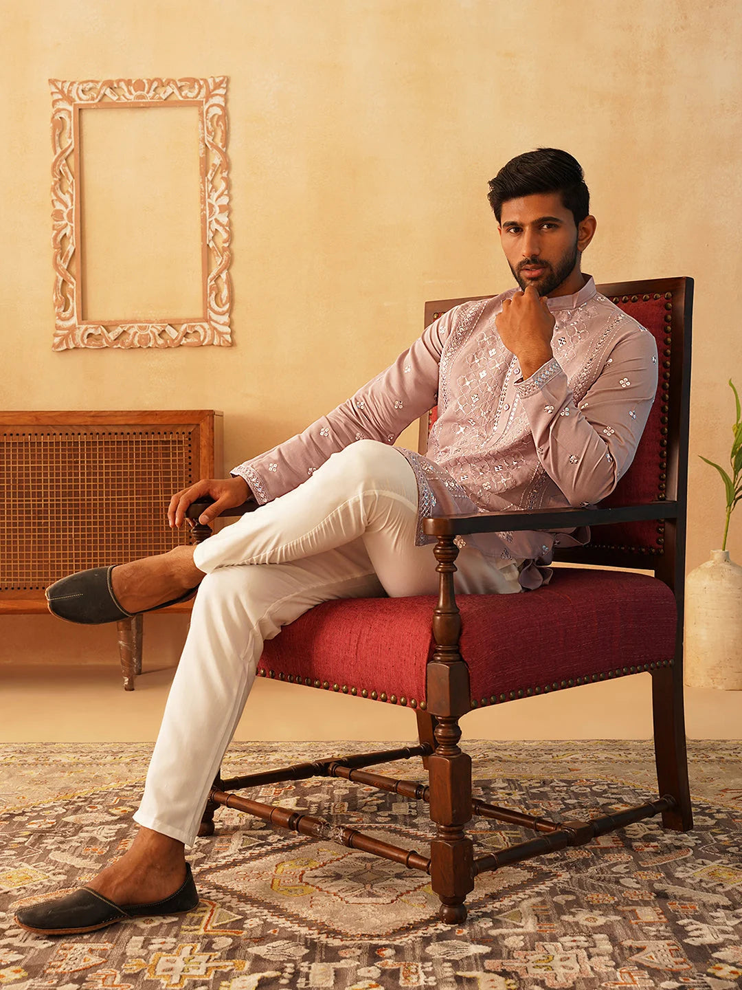 Peach Embroidered Mens Kurta | Cotton Blend Indian Kurta for Men