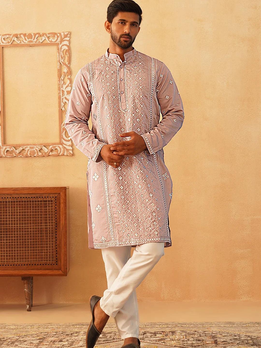 Peach Embroidered Mens Kurta | Cotton Blend Indian Kurta for Men
