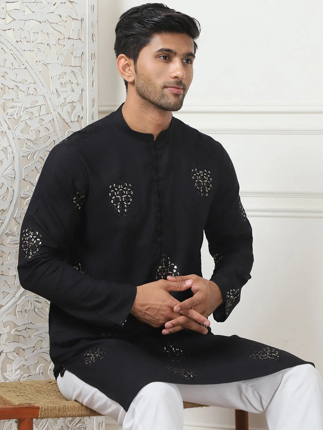 Stylish Black Embroidered Viscose Rayon Indian Kurta for Men