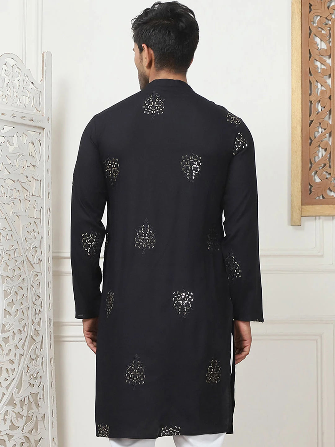 Stylish Black Embroidered Viscose Rayon Indian Kurta for Men