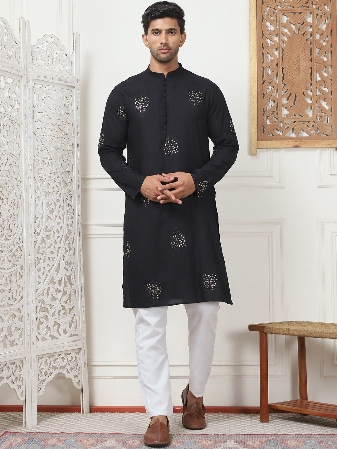 Stylish Black Embroidered Viscose Rayon Indian Kurta for Men
