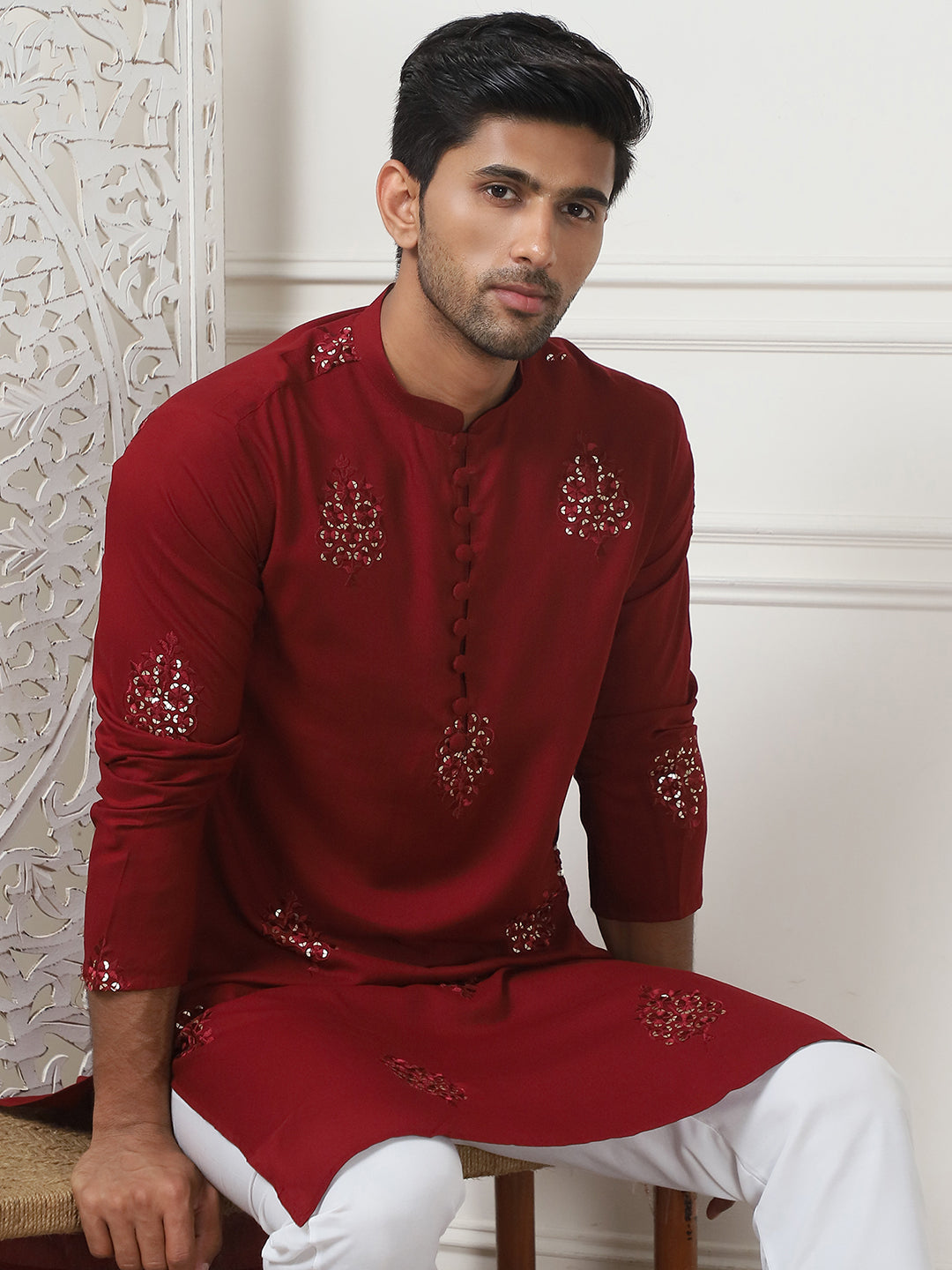 Maroon Embroidered Rayon Indian Kurta for Men | Mens Kurta