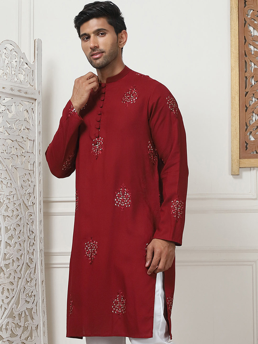 Maroon Embroidered Rayon Indian Kurta for Men | Mens Kurta