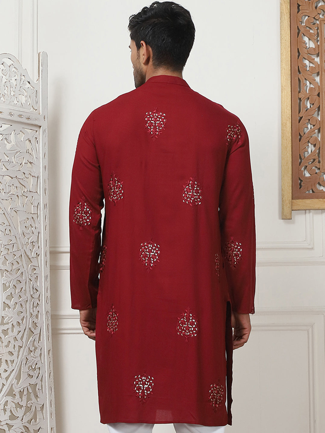 Maroon Embroidered Rayon Indian Kurta for Men | Mens Kurta