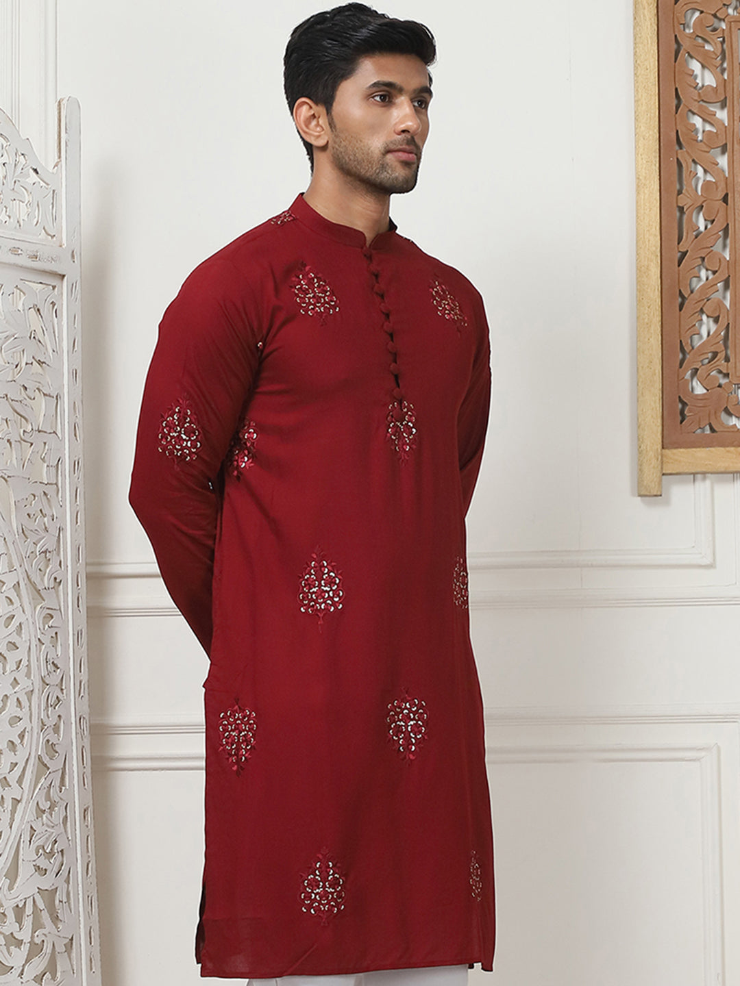 Maroon Embroidered Rayon Indian Kurta for Men | Mens Kurta