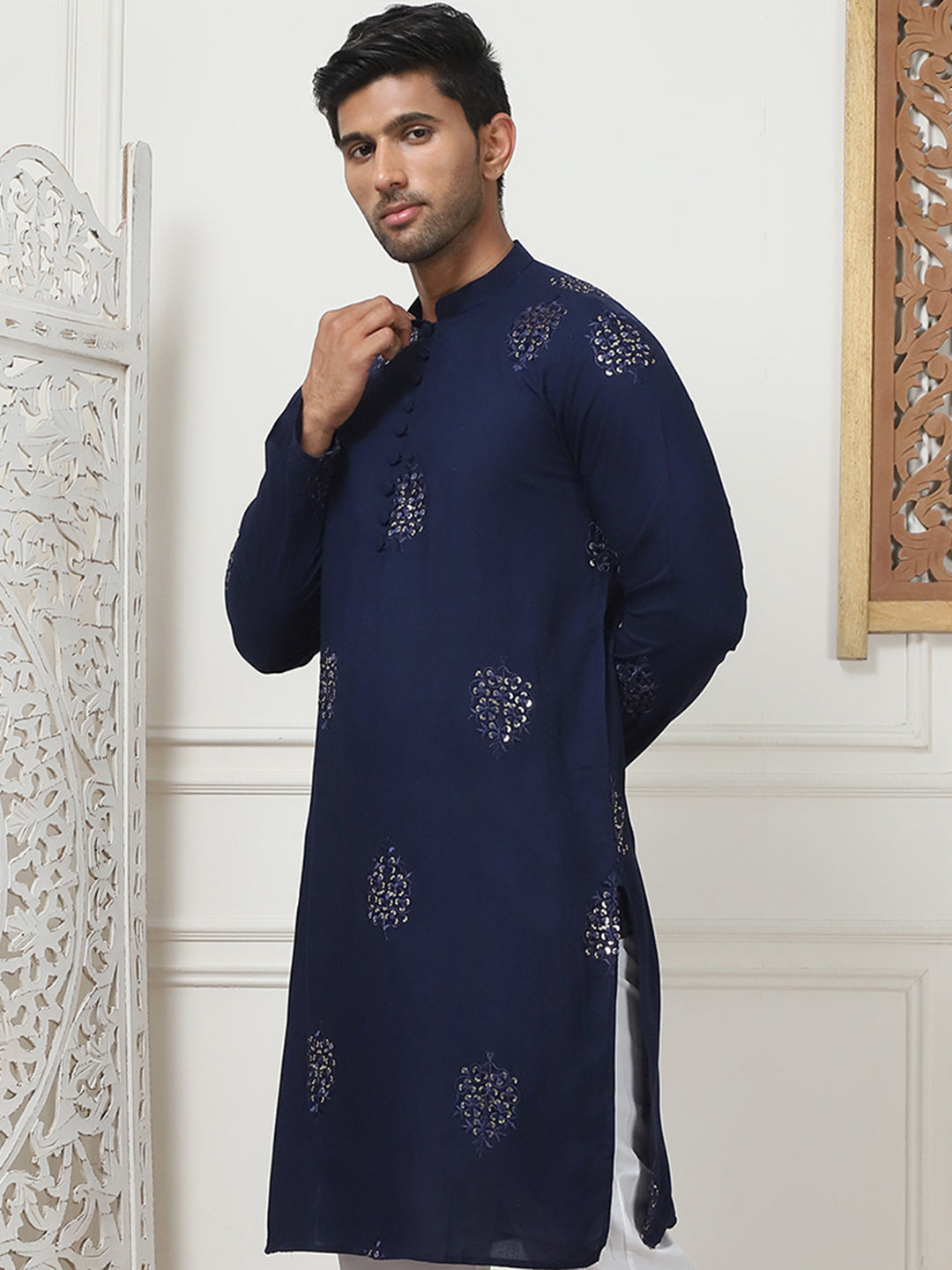 Navy Embroidered Rayon Indian Kurta for Men | Wedding Kurta