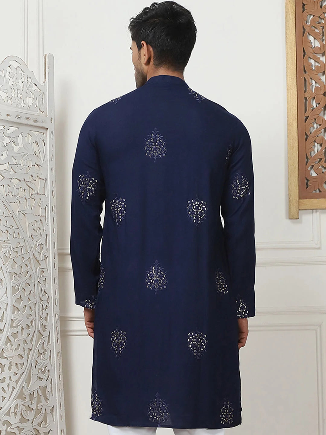 Navy Embroidered Rayon Indian Kurta for Men | Wedding Kurta