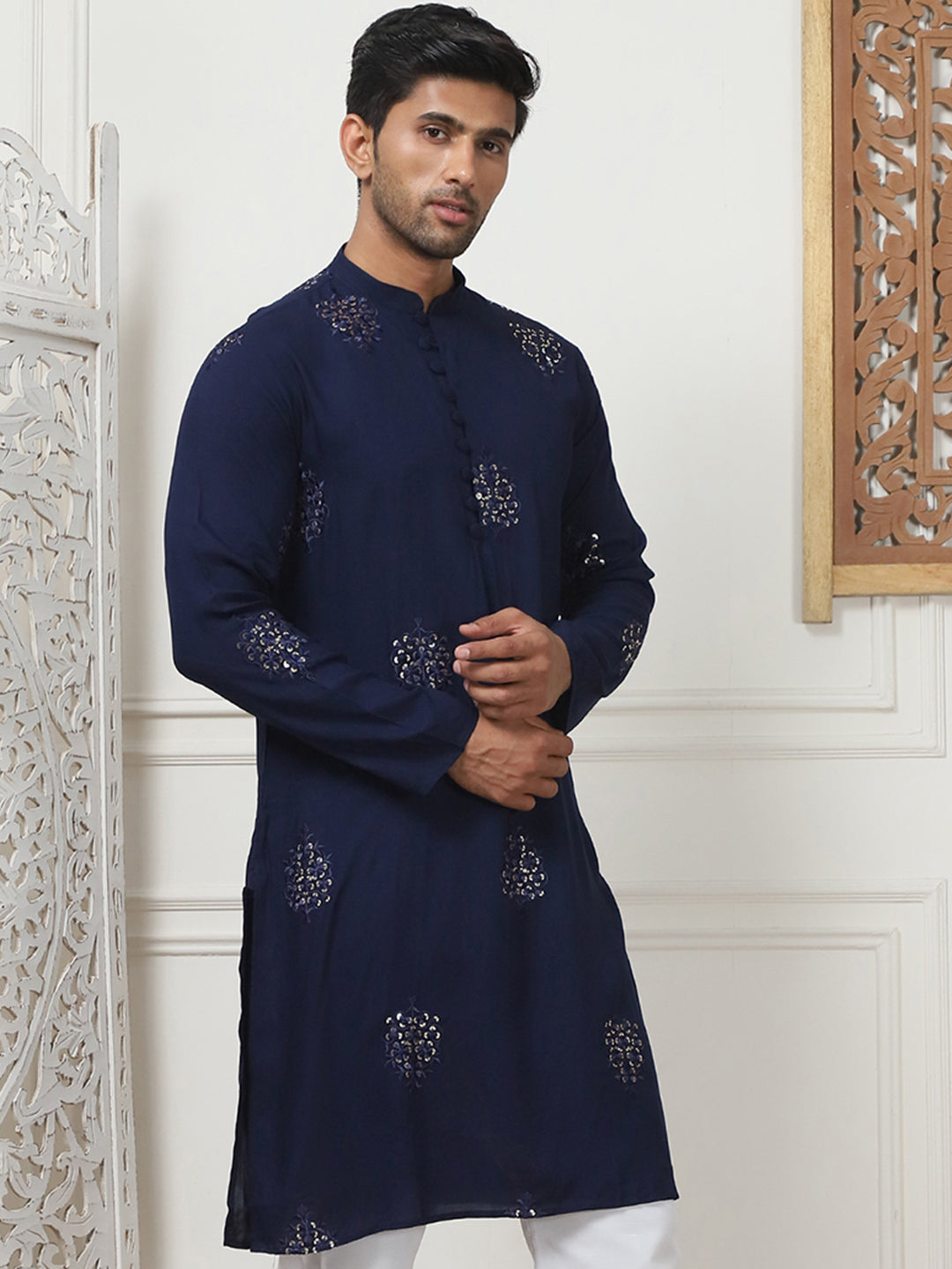 Navy Embroidered Rayon Indian Kurta for Men | Wedding Kurta