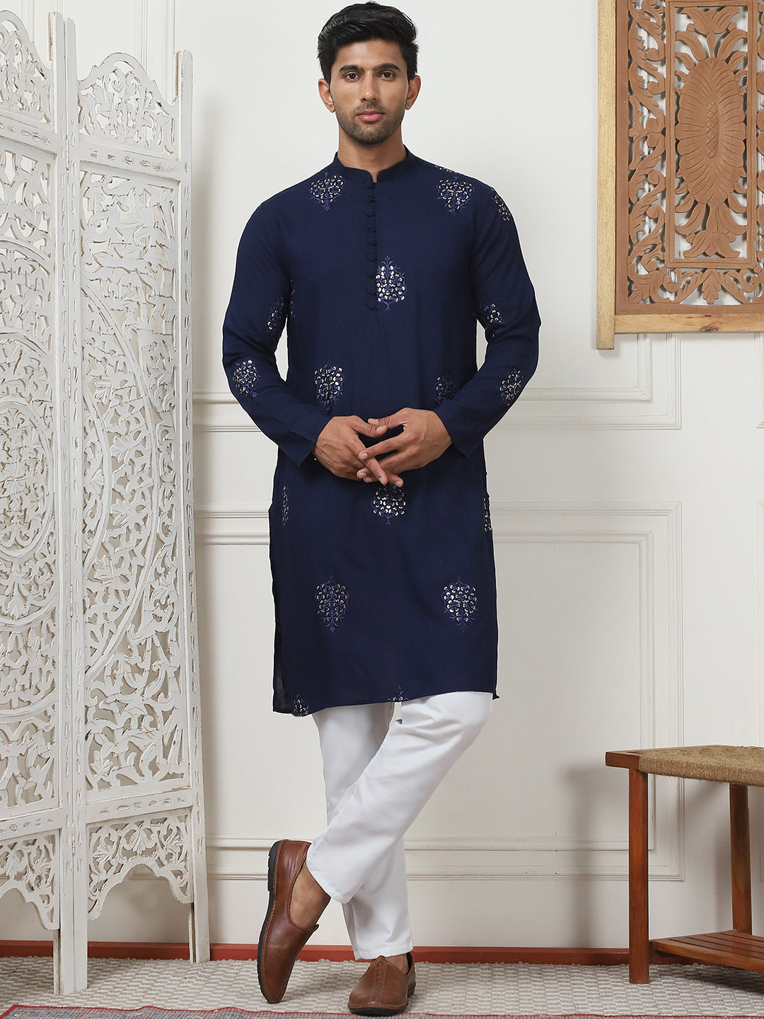 Navy Embroidered Rayon Indian Kurta for Men | Wedding Kurta