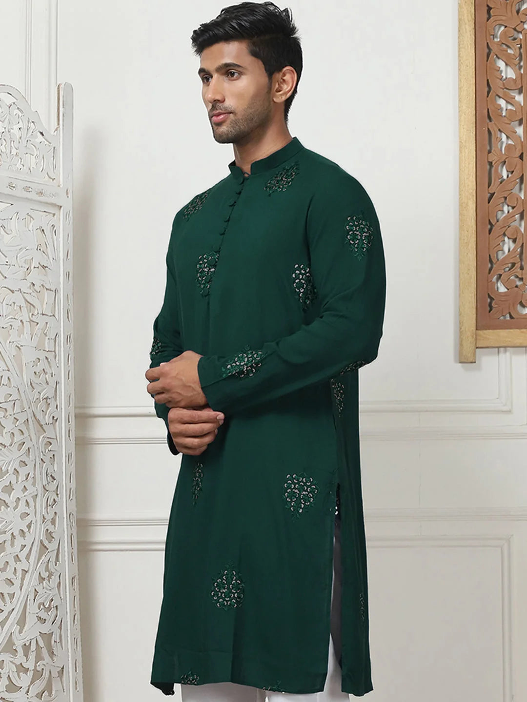 Olive Embroidered Rayon Indian Kurta for Men | Silk Kurta