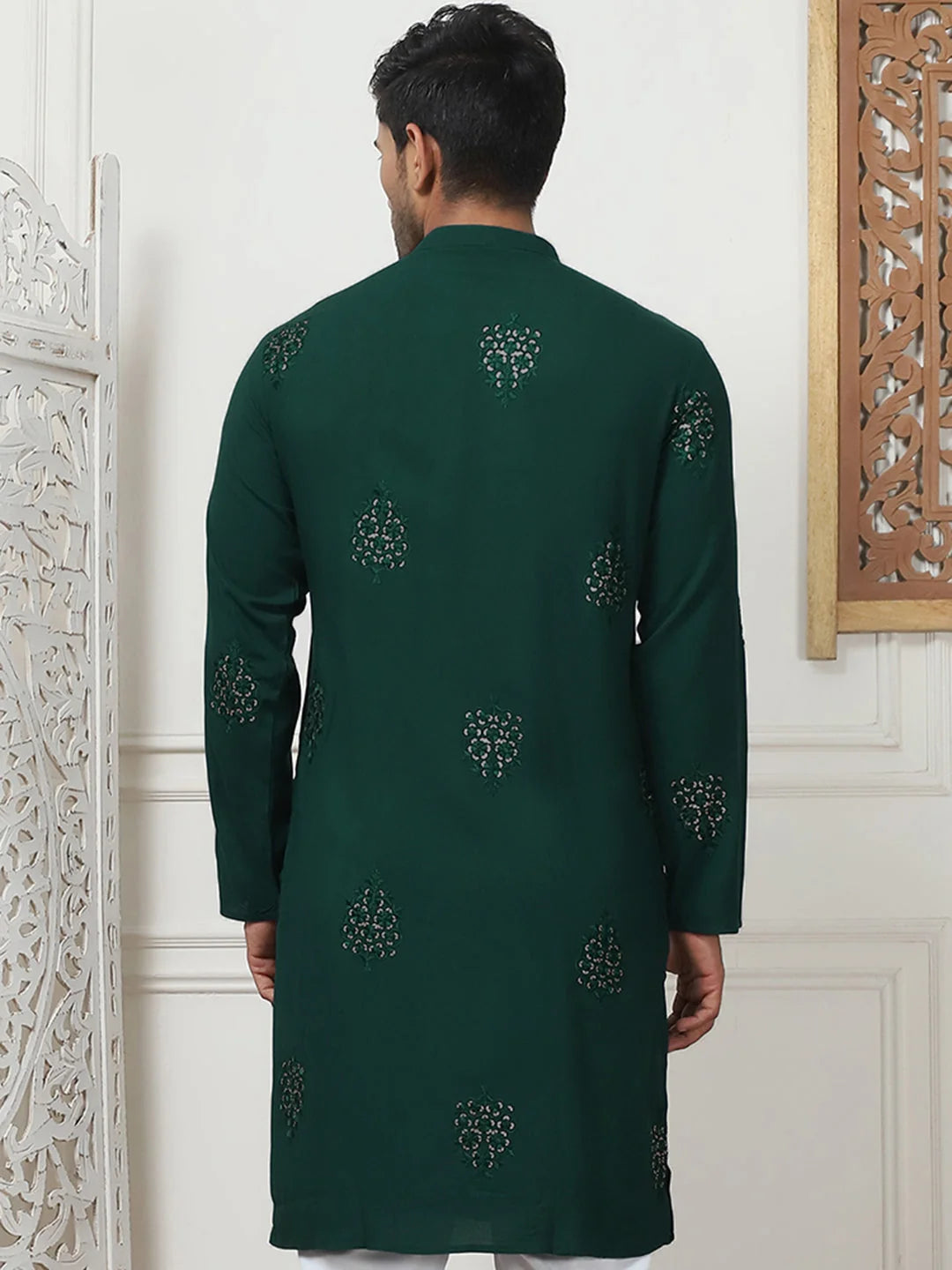 Olive Embroidered Rayon Indian Kurta for Men | Silk Kurta