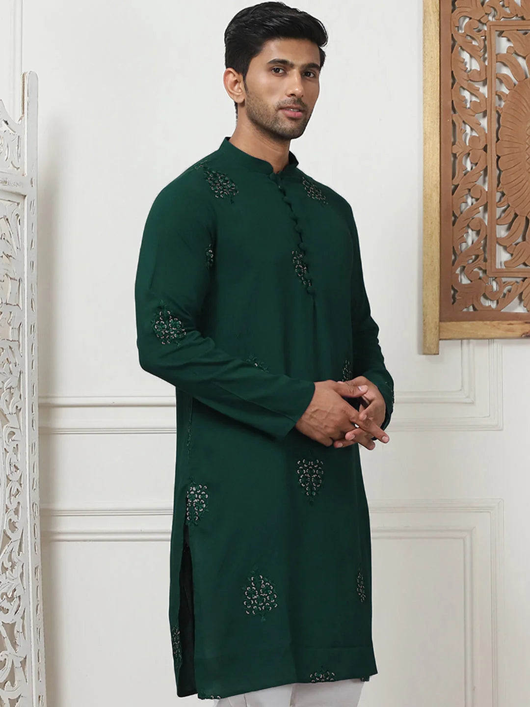 Olive Embroidered Rayon Indian Kurta for Men | Silk Kurta