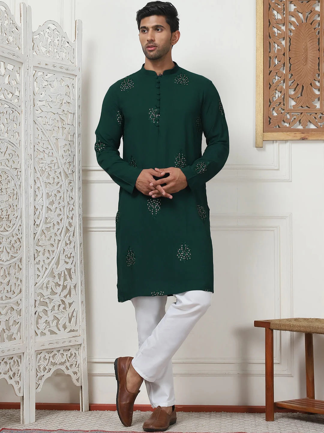 Olive Embroidered Rayon Indian Kurta for Men | Silk Kurta