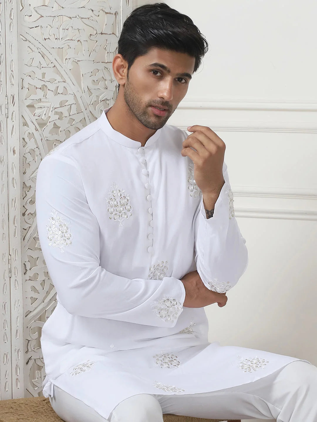 Embroidered Viscose Rayon Straight Kurtas-KO-5086White