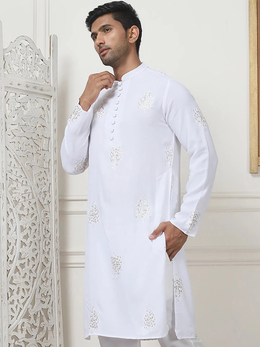 White Embroidered Rayon Indian Kurta for Men | Mens Kurta