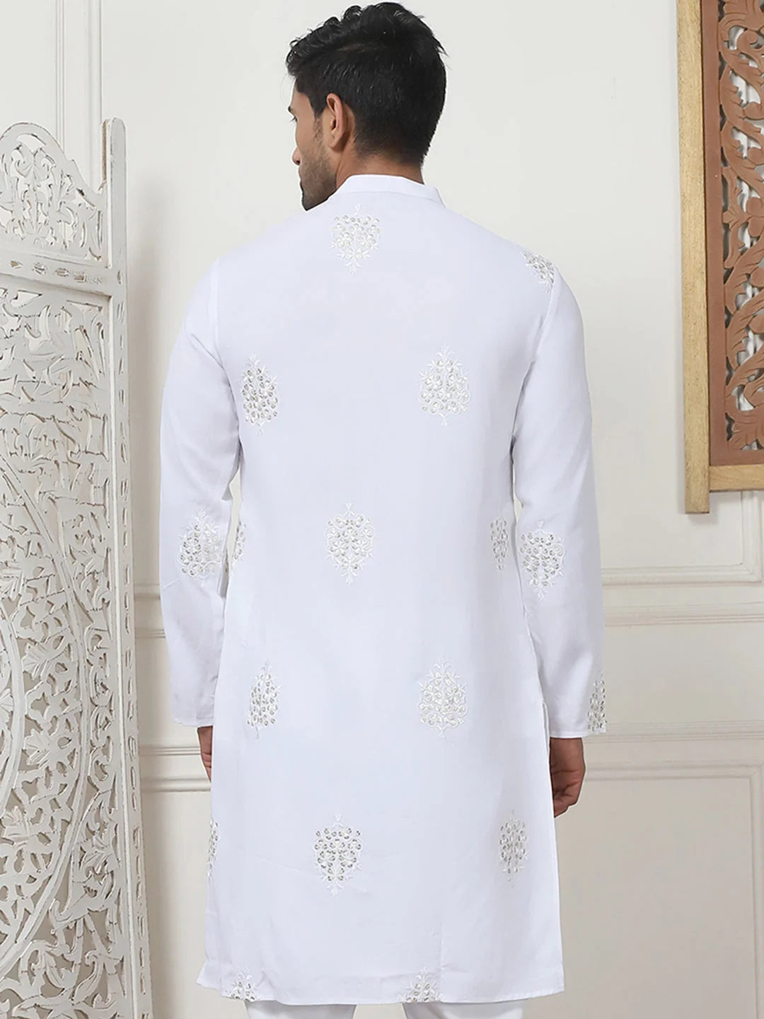 White Embroidered Rayon Indian Kurta for Men | Mens Kurta
