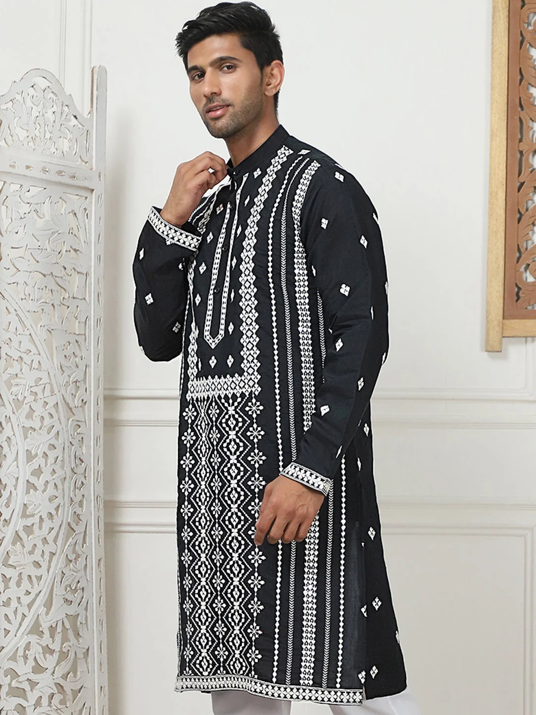 Black Embroidered Mens Kurta | Silk Kurta for Men