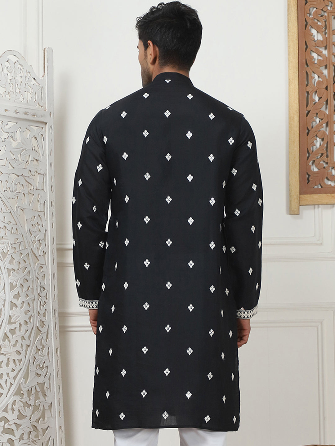 Black Embroidered Mens Kurta | Silk Kurta for Men