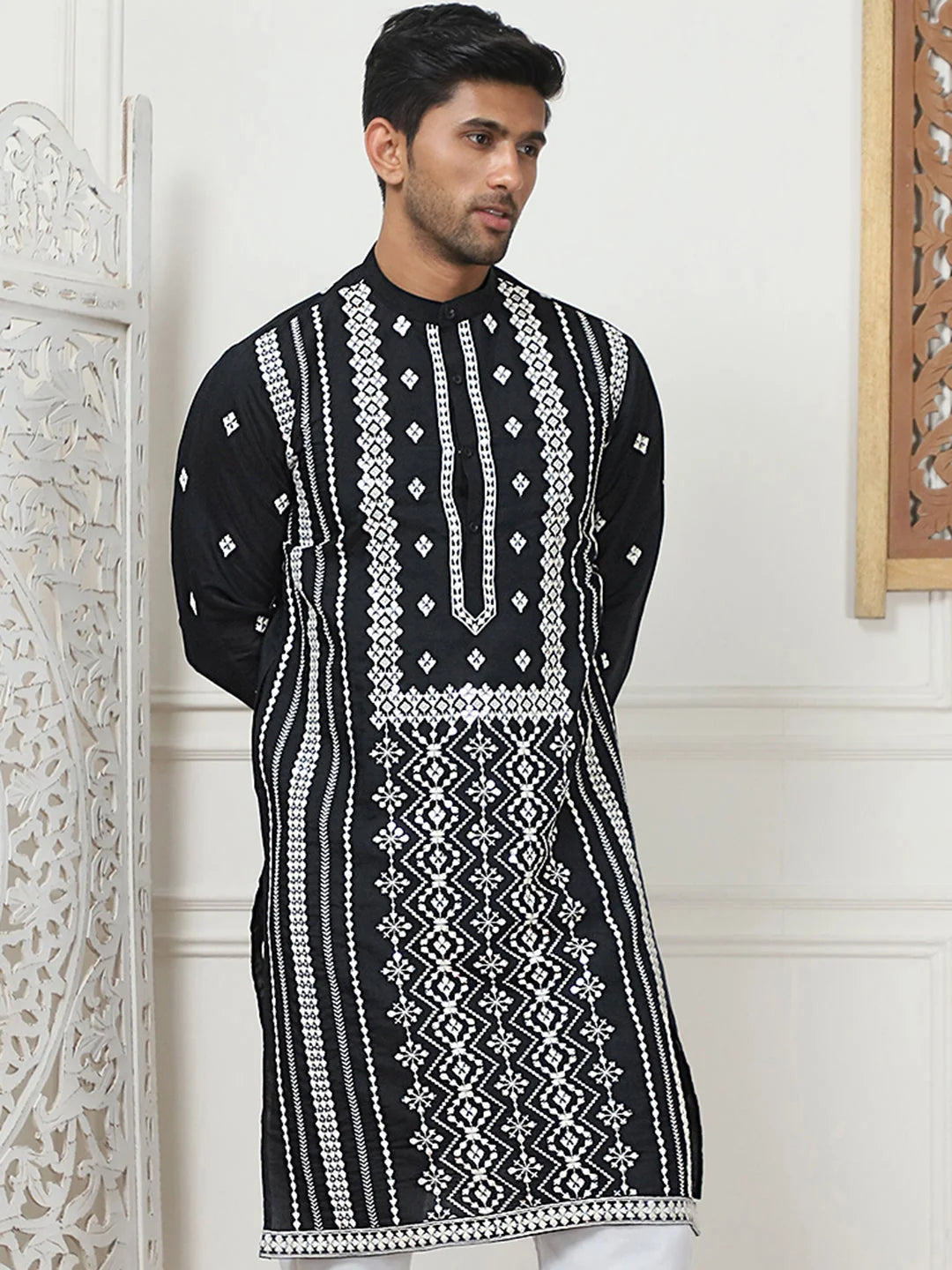 Black Embroidered Mens Kurta | Silk Kurta for Men