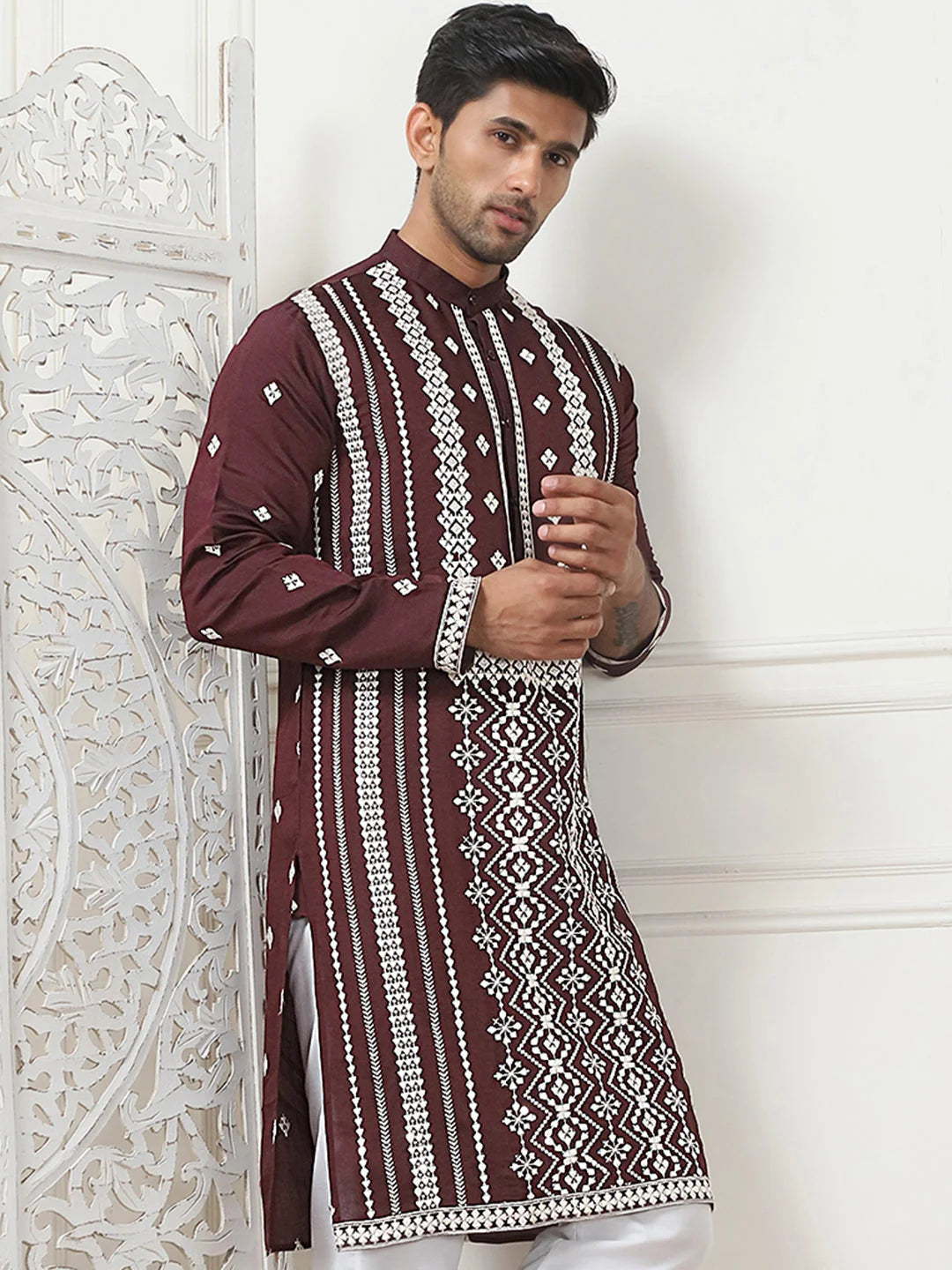 Embroidered & Sequin Cotton Blend Kurtas-KO-5087Wine