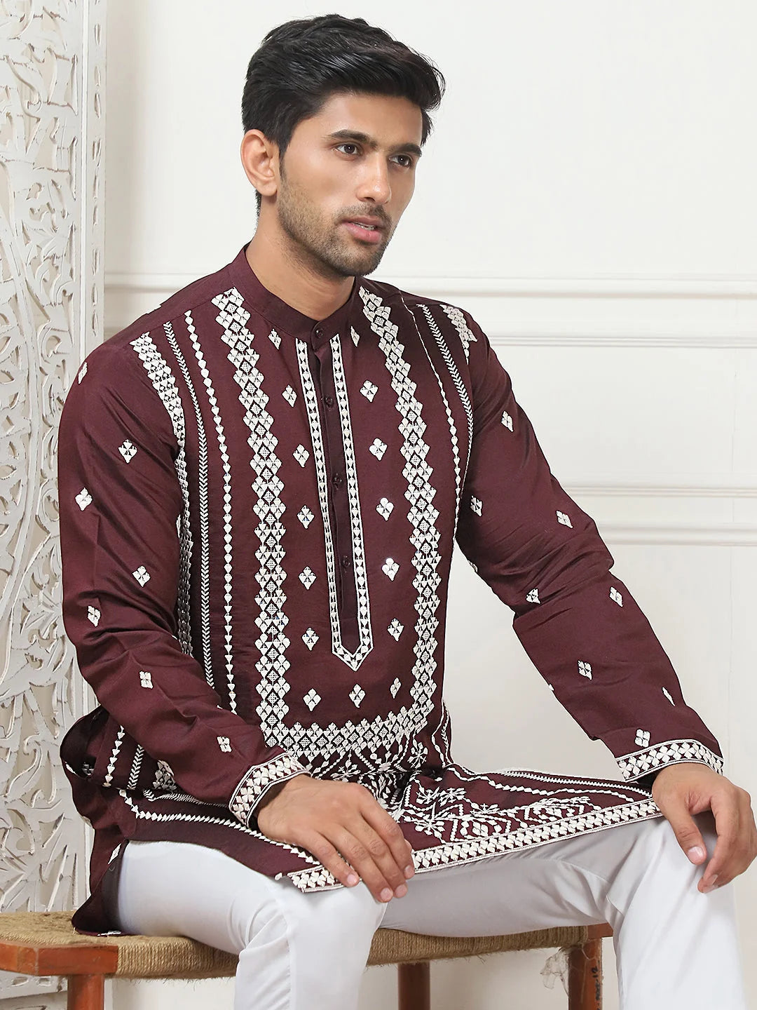 Wine Embroidered Mens Kurta | Silk Kurta for Men