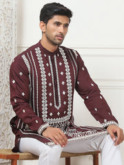 Embroidered & Sequin Cotton Blend Kurtas-KO-5087Wine