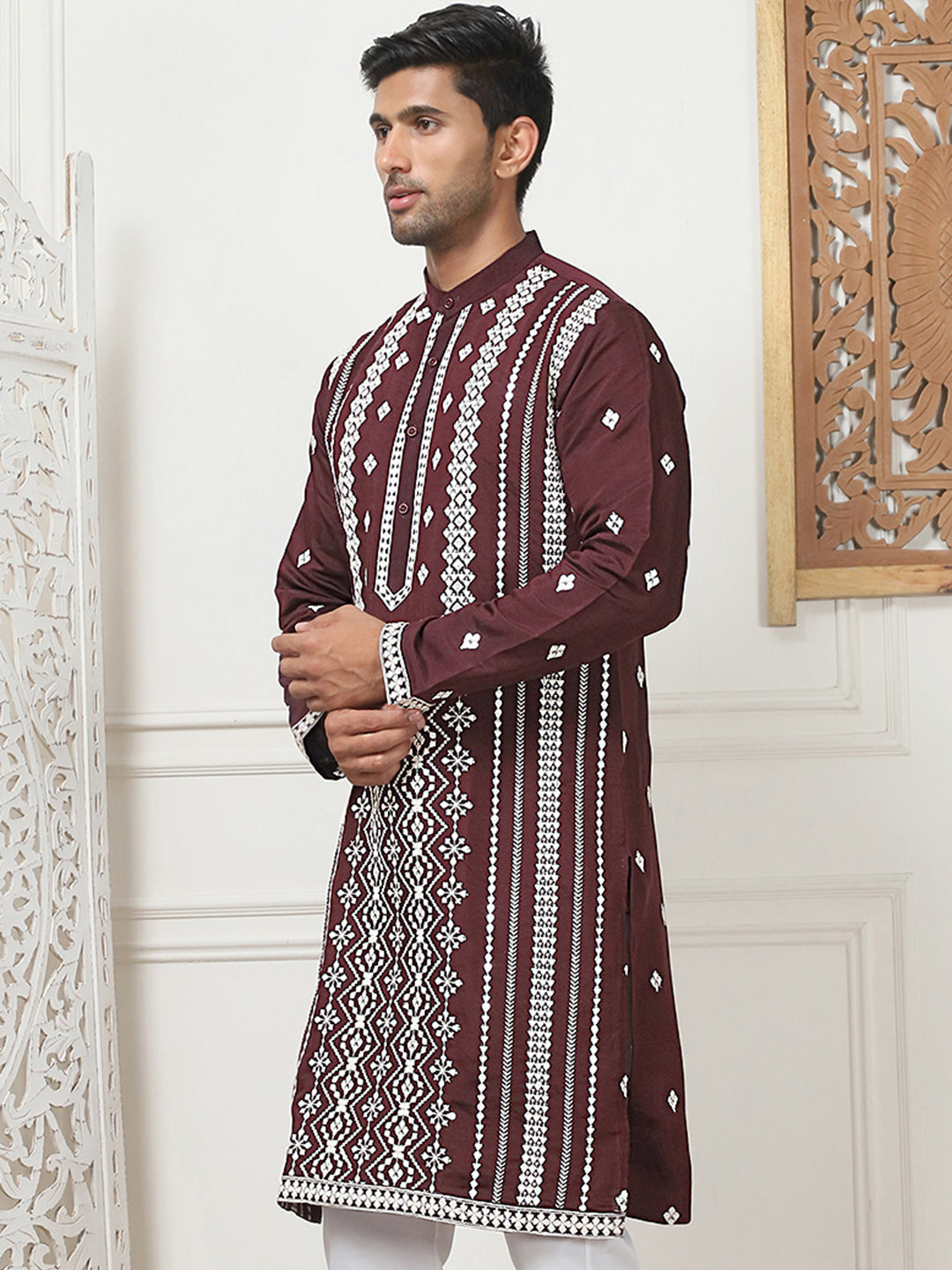Wine Embroidered Mens Kurta | Silk Kurta for Men