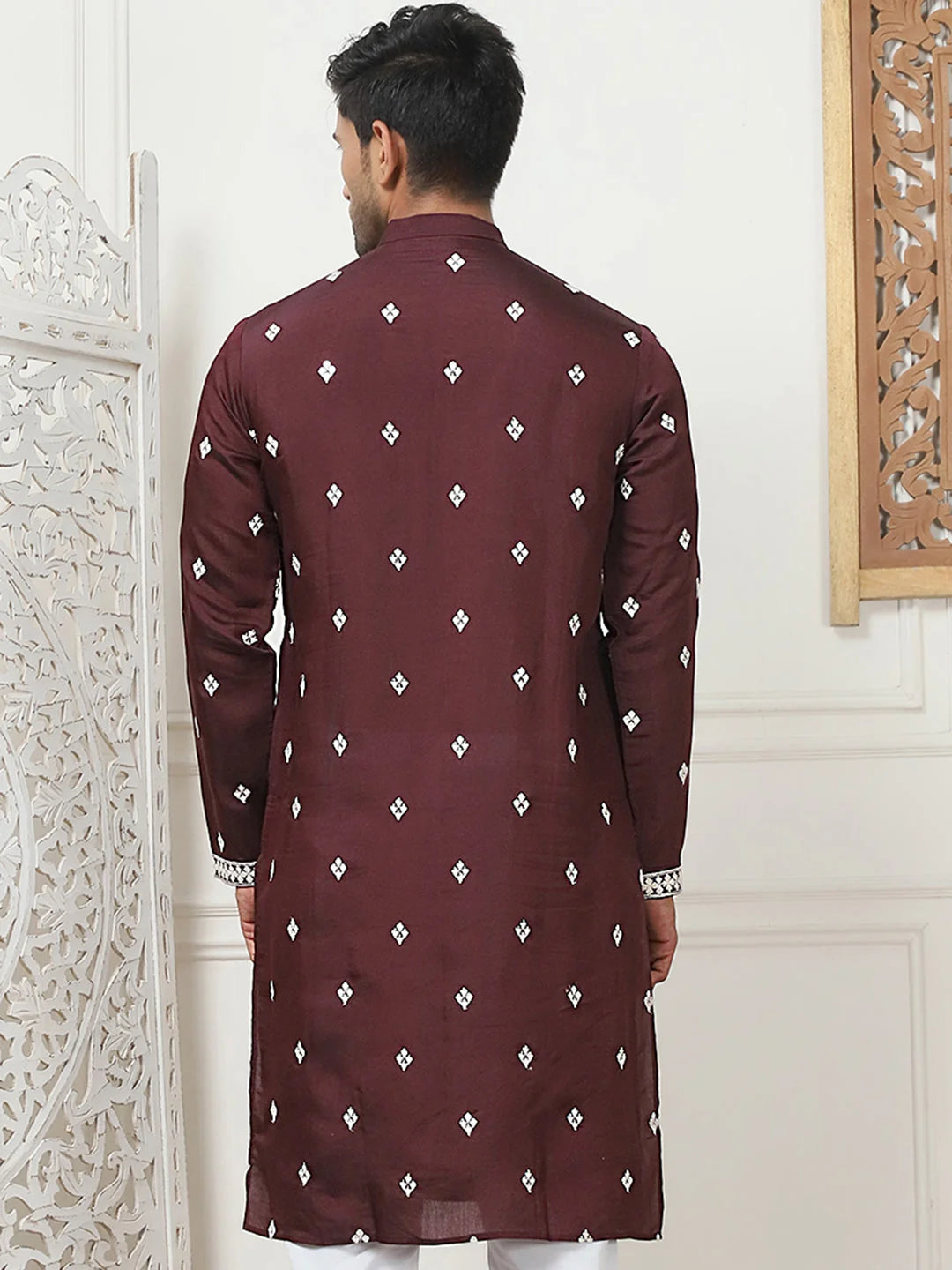 Wine Embroidered Mens Kurta | Silk Kurta for Men