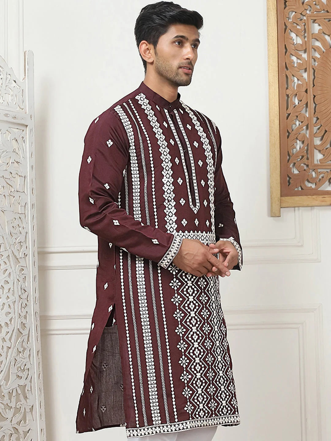 Wine Embroidered Mens Kurta | Silk Kurta for Men