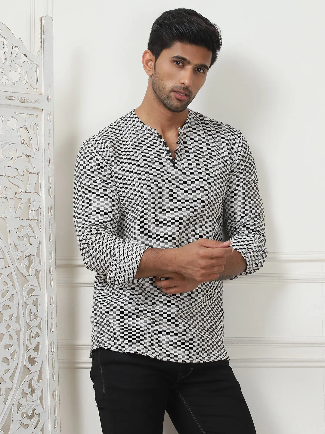Woven Design Cotton Short kurta for Men-KO-5089White