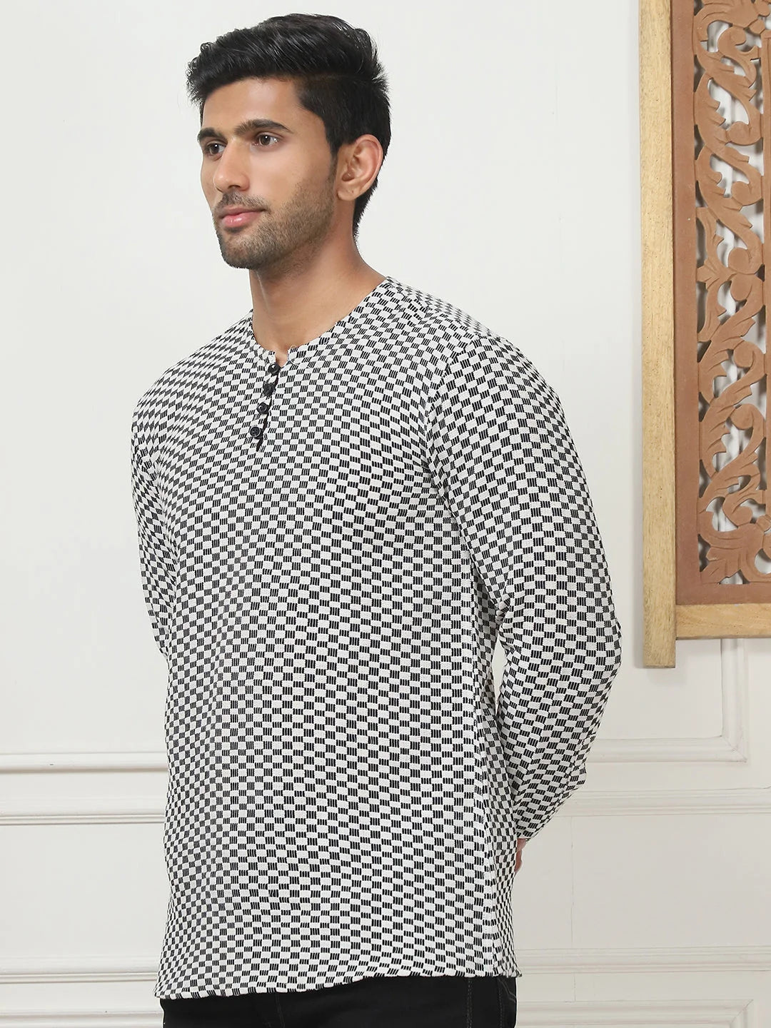 White Woven Cotton Short Kurta for Men | Men's Kurta Online