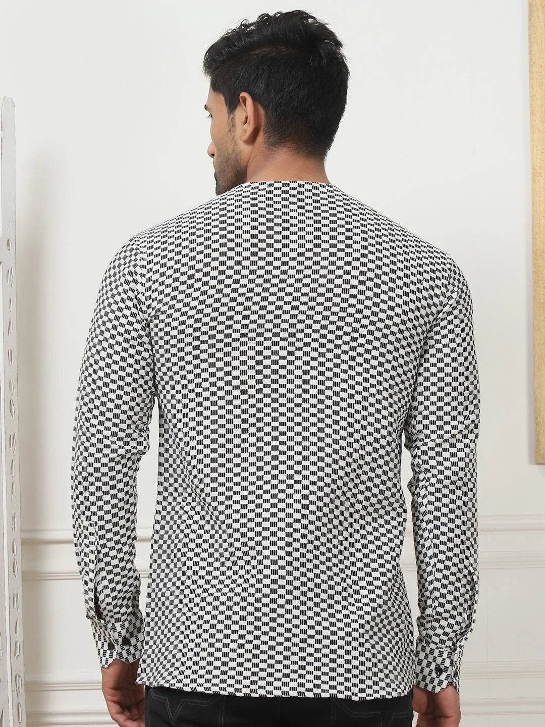 White Woven Cotton Short Kurta for Men | Men's Kurta Online